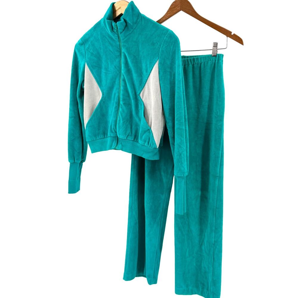 Vintage 80s Gwendolyn Gleason Teal Colorblock Velour Tracksuit